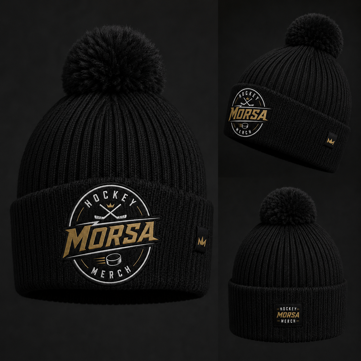 Mössan — svart stickad mössa med tofs och MORSA-emblem